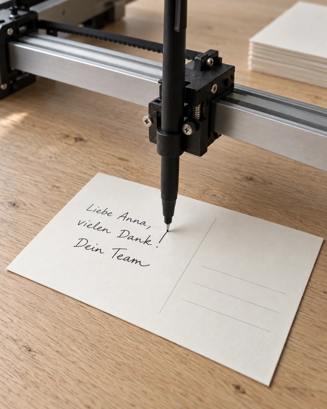 A pen plotter above a postcard reading Liebe Anna, vielen Dank! Dein Team