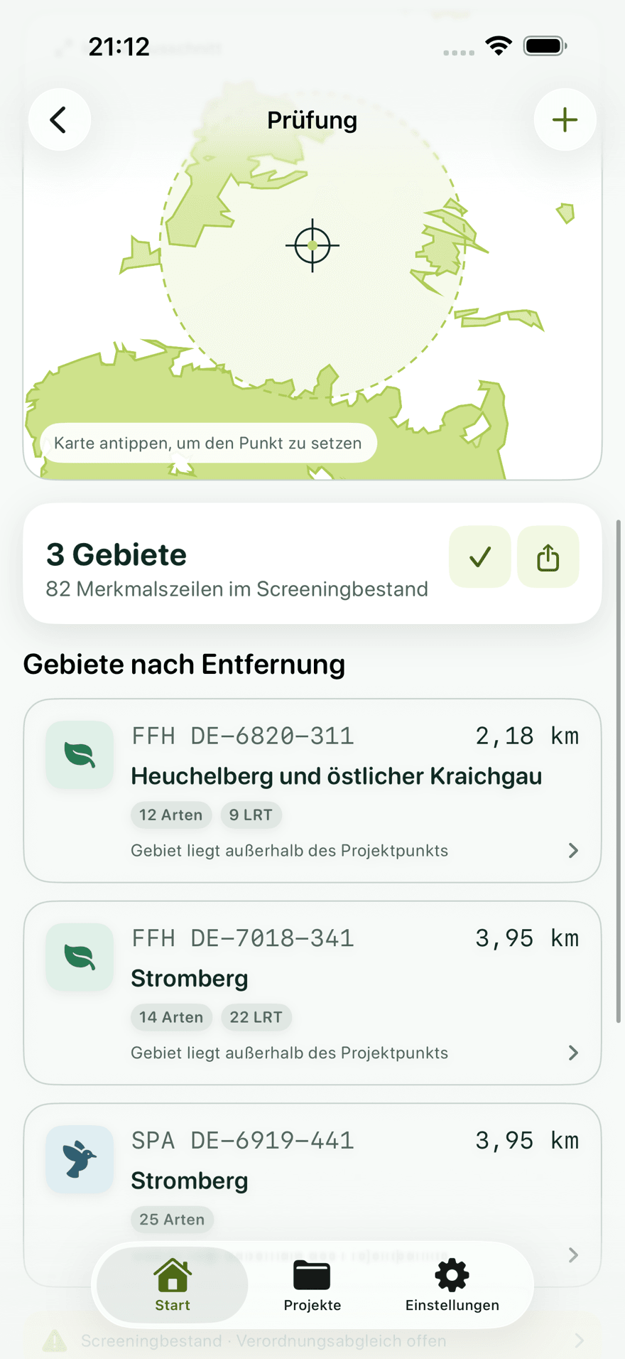 Ergebnisliste der Gebiete nach Entfernung
