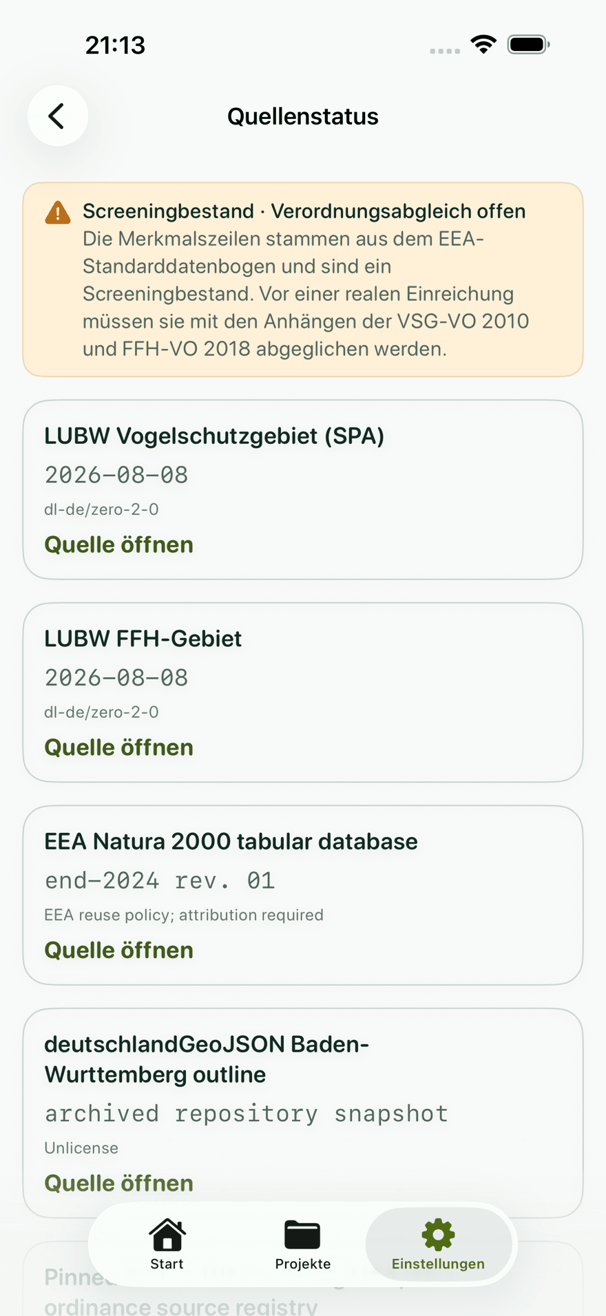 Quellenstatus mit Datenstand und Lizenzen