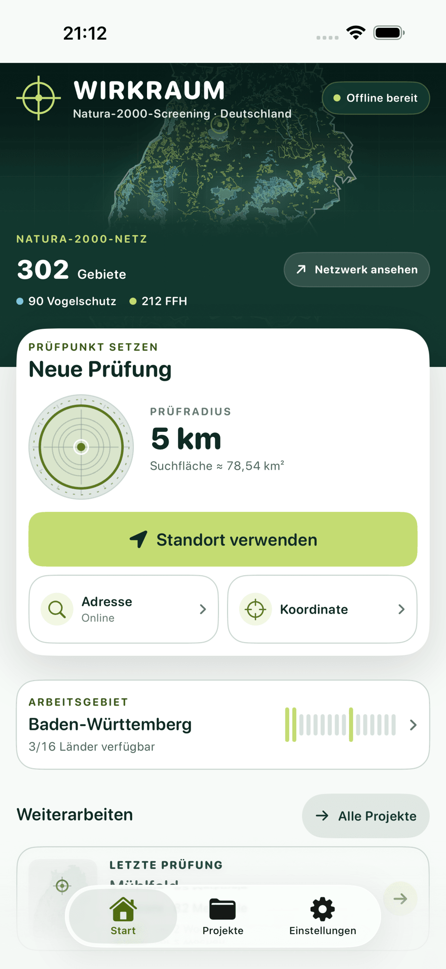 Wirkraum Startbildschirm mit Prüfradius von 5 km